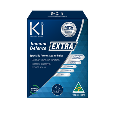 A box of Ki Immune Defence Extra tablets, with the product's benefits listed and a claim of 40% polysaccharides from natural ingredients.